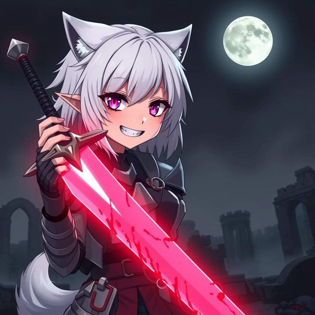 An anime girl with medium white hair, wolf ears, and a tail, with purple eyes and an evil grin on her face, is holding a sword that is glowing a light red and is covered in blood. The girl is wearing armor. Old ruins can be seen in the background, and it is dark and foggy. In the sky is a full moon. - Image