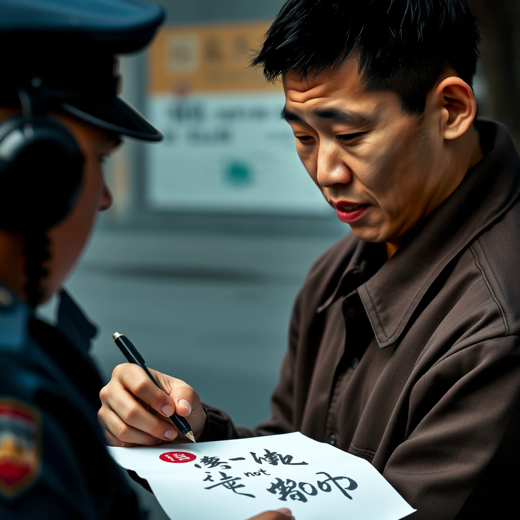 A Chinese young man was being arrested by a policeman; he is madly writing calligraphy on a piece of paper, which reads: "The economy is not good." - Image