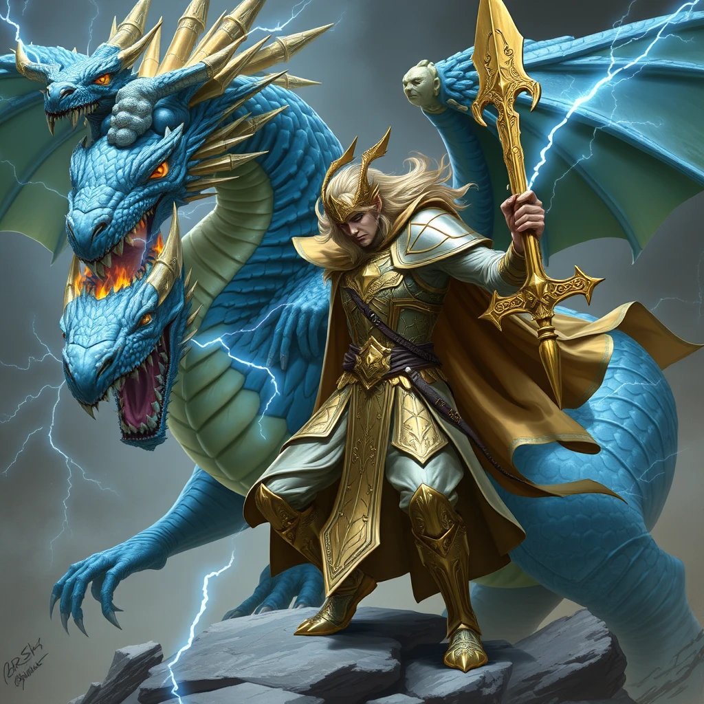 Gold and silver paladin devoted to Bahamut fighting a blue dragon with lightning scars across the dragon's body. The paladin doubled in size by an elf mage behind him. - Image