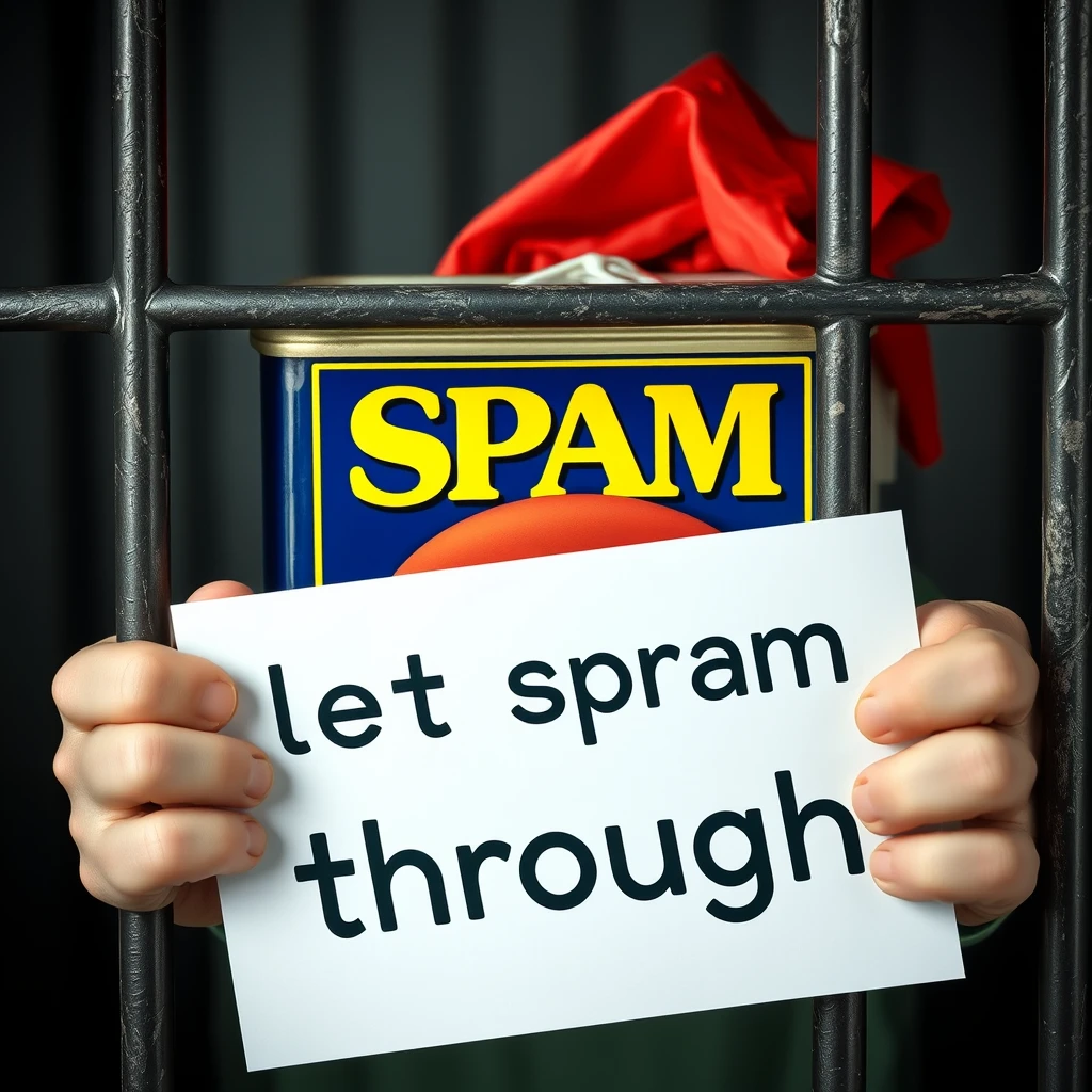 A tin of spam behind bars, holding a sign saying "let spam through".