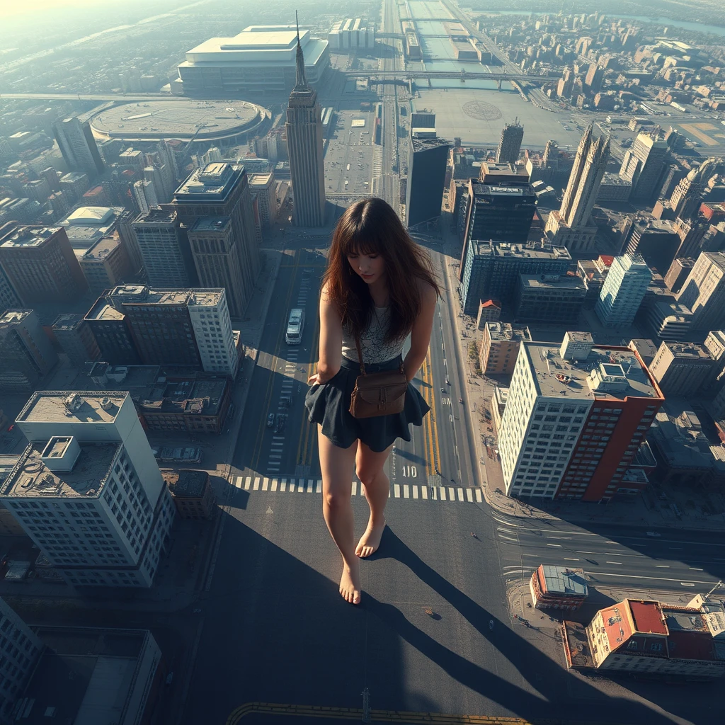 aerial view, giant stunning goth teen girl standing barefoot in city, realistic shadow