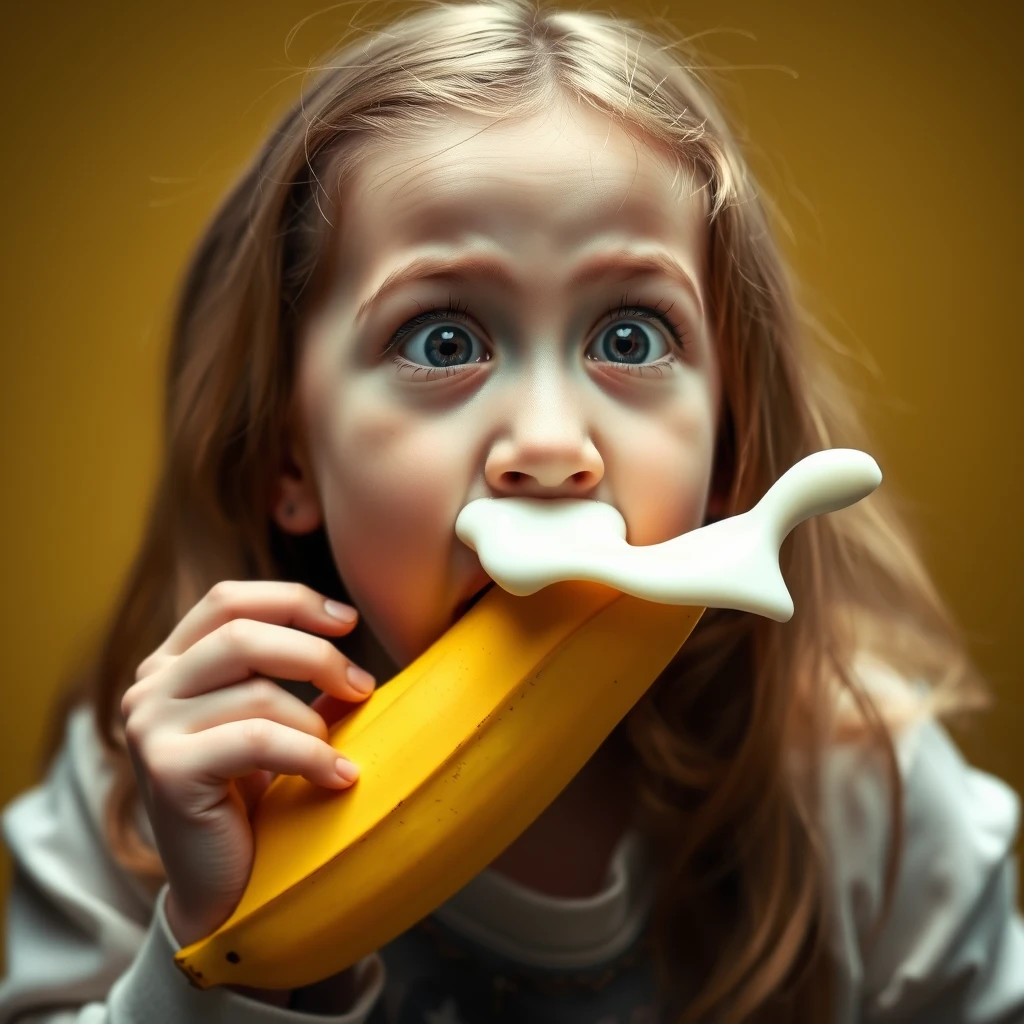 A girl with a banana is stunned, widening her mouth, trying to swallow it, but it’s too big, and cow's milk is coming out of the banana. - Image