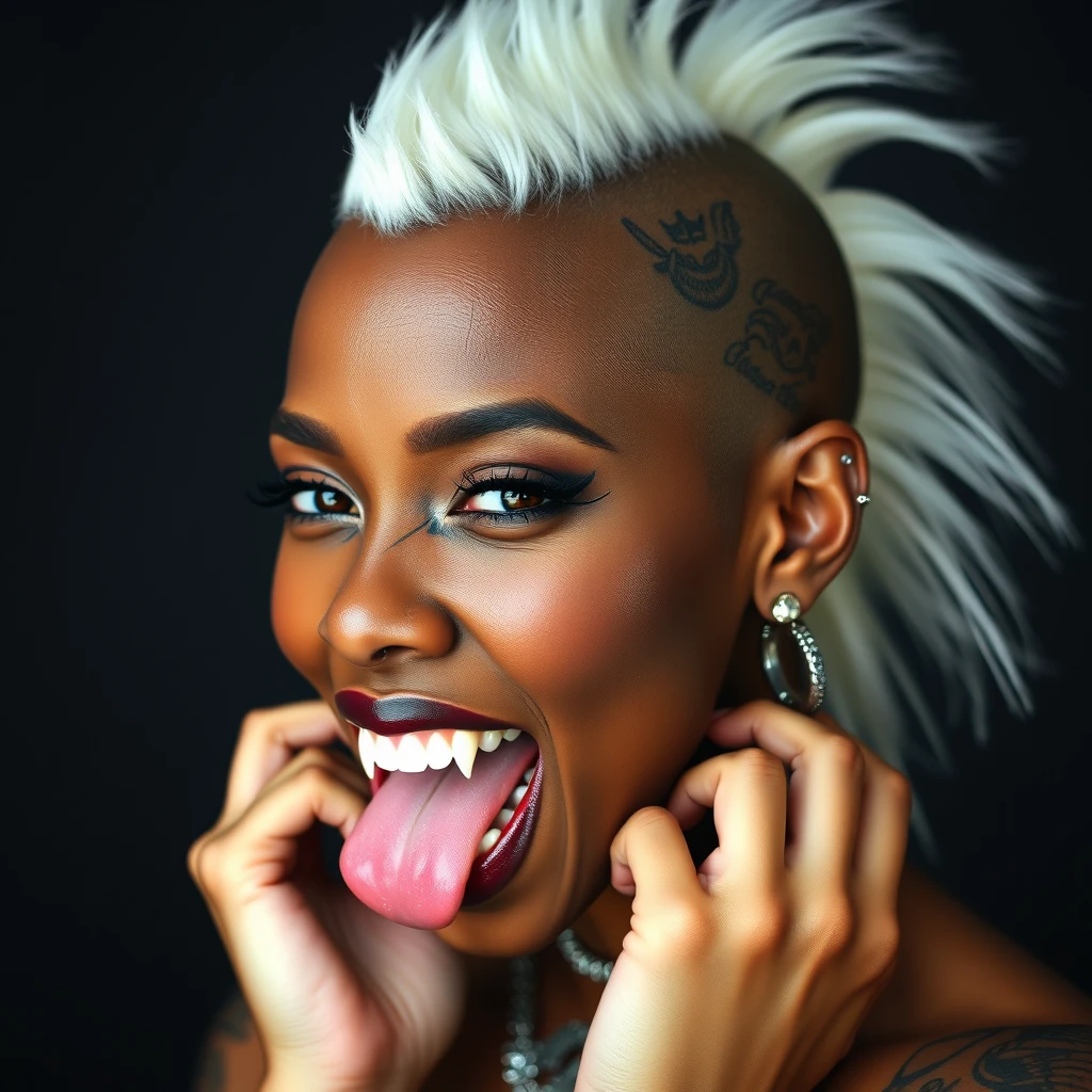 Beautiful black woman, fangs, split tongue, nose ring, side shave, shaved head, white Mohawk, nose rings, earrings, piercings, head tattoo, tattoos. - Image