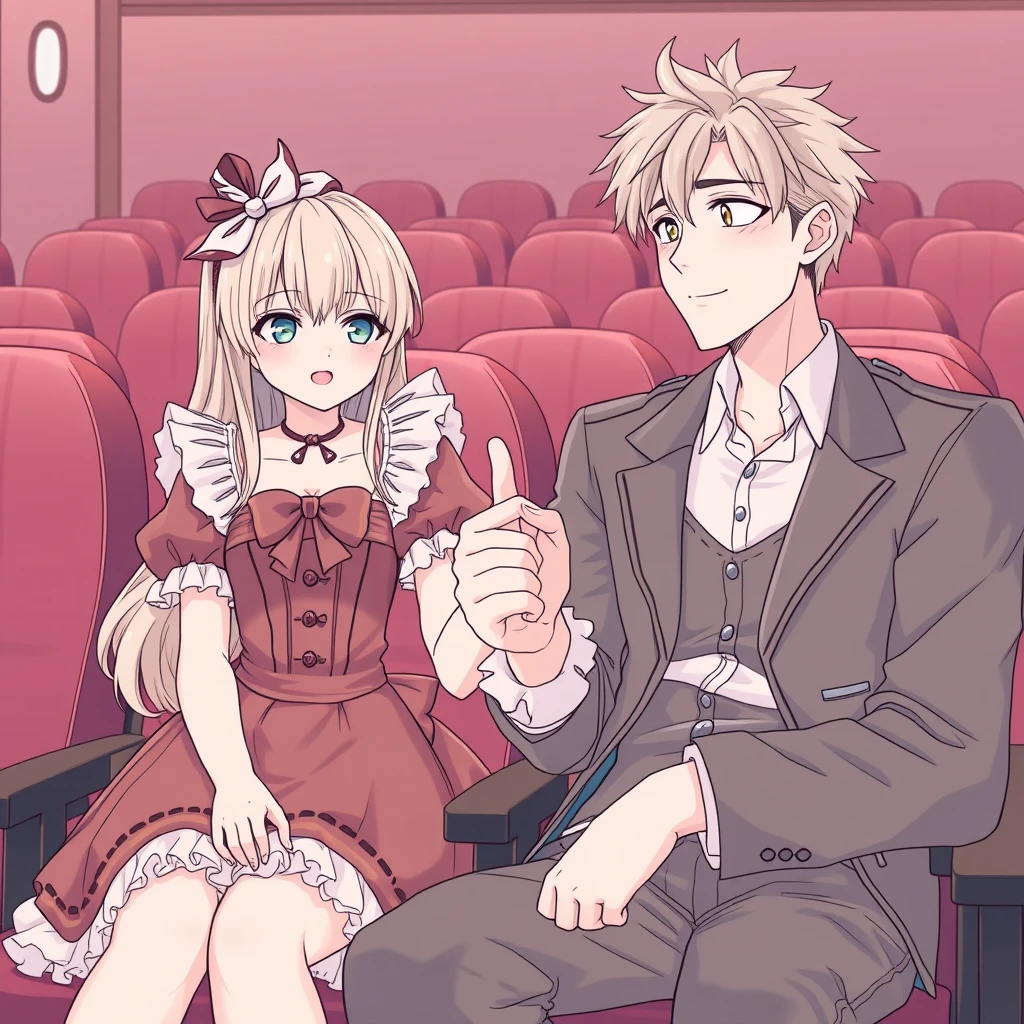 Anime pure lineart, beautiful girl dressed in a Lolita costume and a handsome tall boyfriend, sitting in the cinema, one hand shaken. - Image