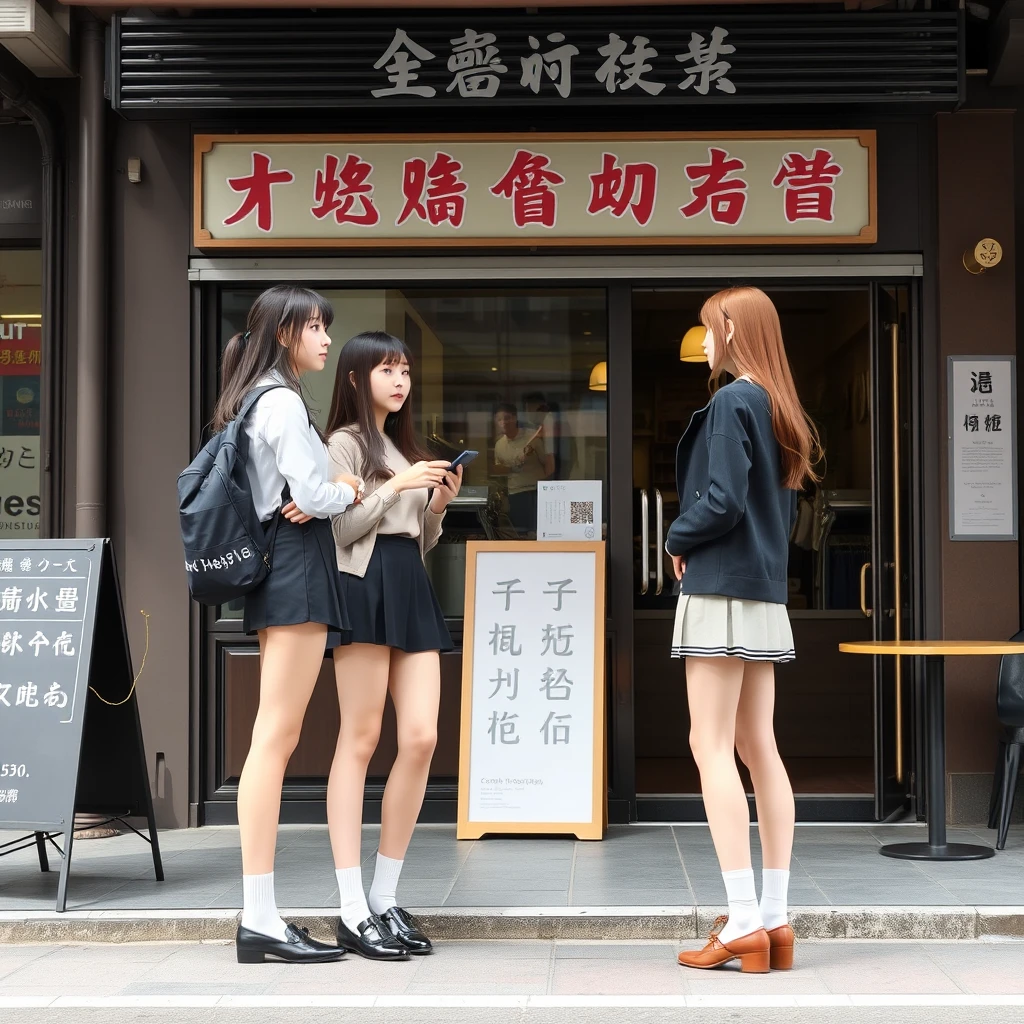 Two tall and thin female students are arguing outside a real coffee shop. They are wearing skirts, and their socks are visible. There is a sign outside the restaurant, and the words on the sign can be clearly seen, including Chinese characters.