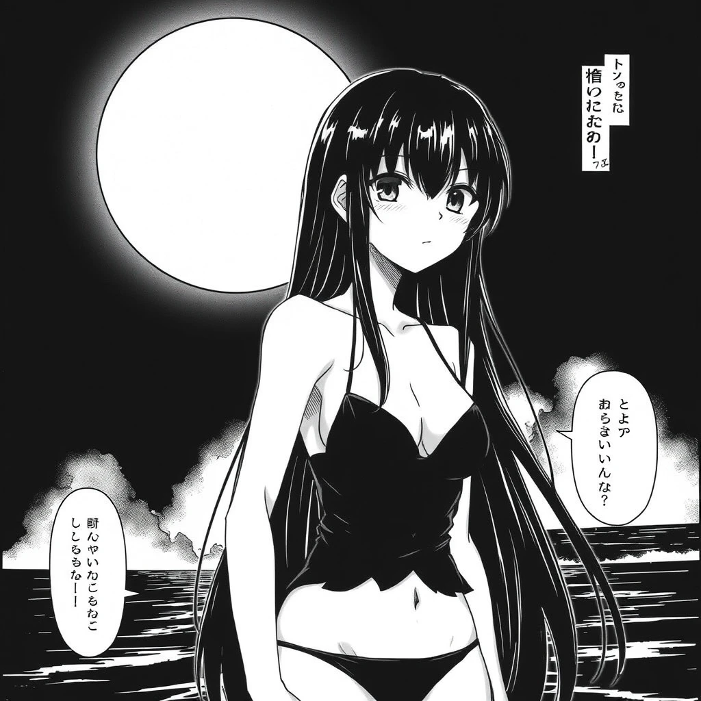 Girl with long, black hair in a black bikini. In the background, a black sky with a big, bright moon. Manga, grayscale.