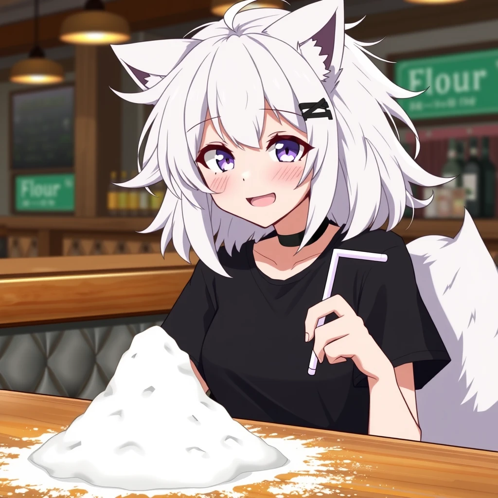 Anime woman with fluffy wolf ears and a fluffy tail, white messy medium hair, purple eyes wearing a black t-shirt, sitting at the table in a bar. On the table is a tiny mountain of flour. The girl looks with a big crazy smile at the flour and has a straw in her right hand. - Image