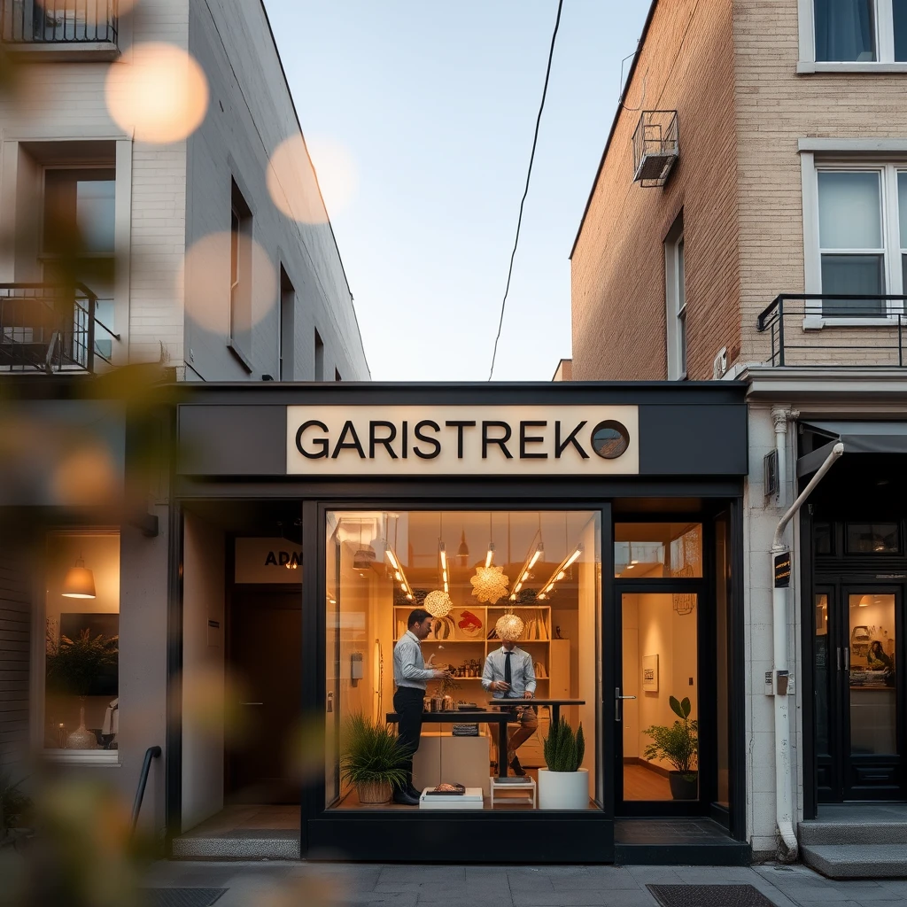 An architect's office at a shop unit on the street with signage reading "GARISREKA STUDIOWORK," bokeh, golden hour, outdoor. - Image