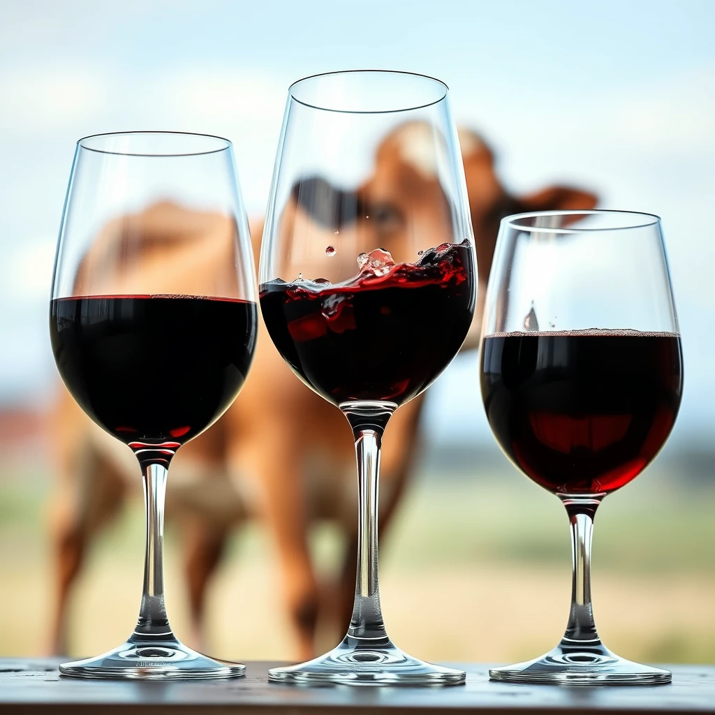 3 glasses of wine, one of which is upside down, with a blurry background of a cow. Shot on Canon EOS.