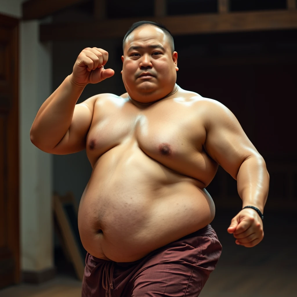 "A portrait of an Asian fat muscular man dancing, looking at the viewer, 4k, hd." - Image