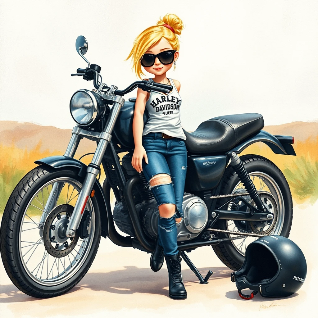 Hyper detailed soft pastel watercolors with alcohol ink depict a whimsical little sweet blonde leaning against her black motorcycle. She is wearing blue ripped jeans and a white Harley Davidson tank top, along with black riding boots. Her hair is styled in a messy blonde bun, and she is sporting black sunglasses, exuding a bit of attitude. Her black motorcycle helmet lies on the ground beside her bike. The background features soft scenery with a textured painterly effect on canvas, resembling a cute animated movie image, in 3D and HD.