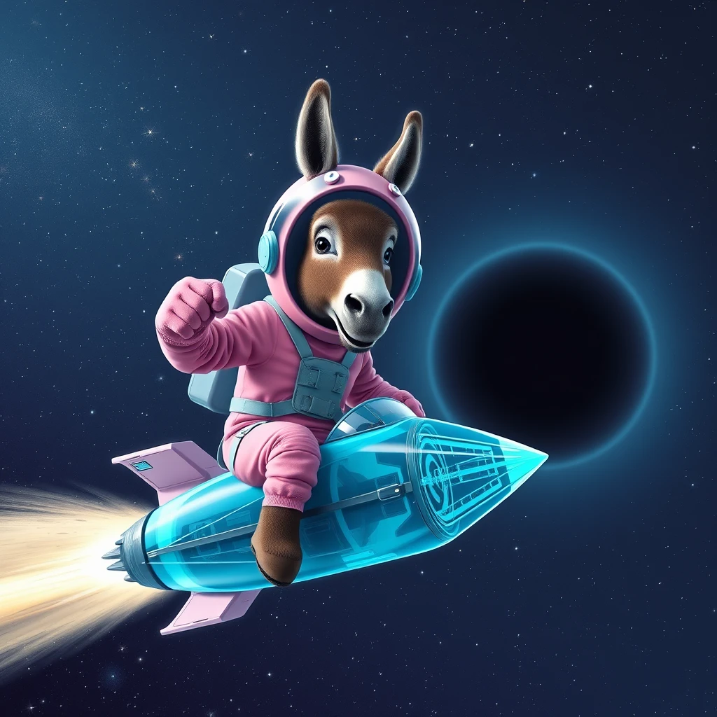 An ambitious donkey wearing pink astronaut costume, riding on a crystal stunning cyan spaceship, making a punching gesture, flying to the outerspace under a clear night sky with lots of shining stars, passing by a huge black-hole. Realistic style.