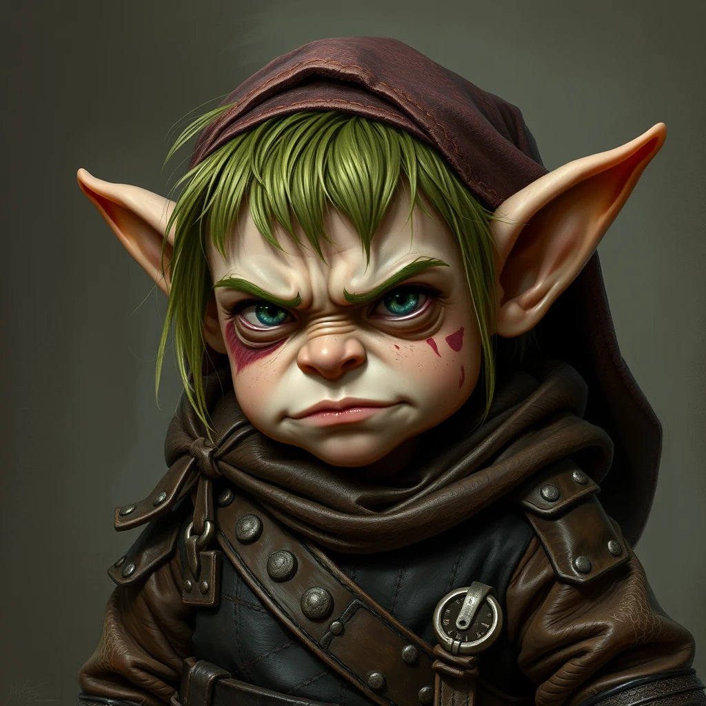 A small, green-haired, ugly halfling in a leather adventurer's outfit with a bruise on one cheek and a rough, untrustworthy atmosphere.