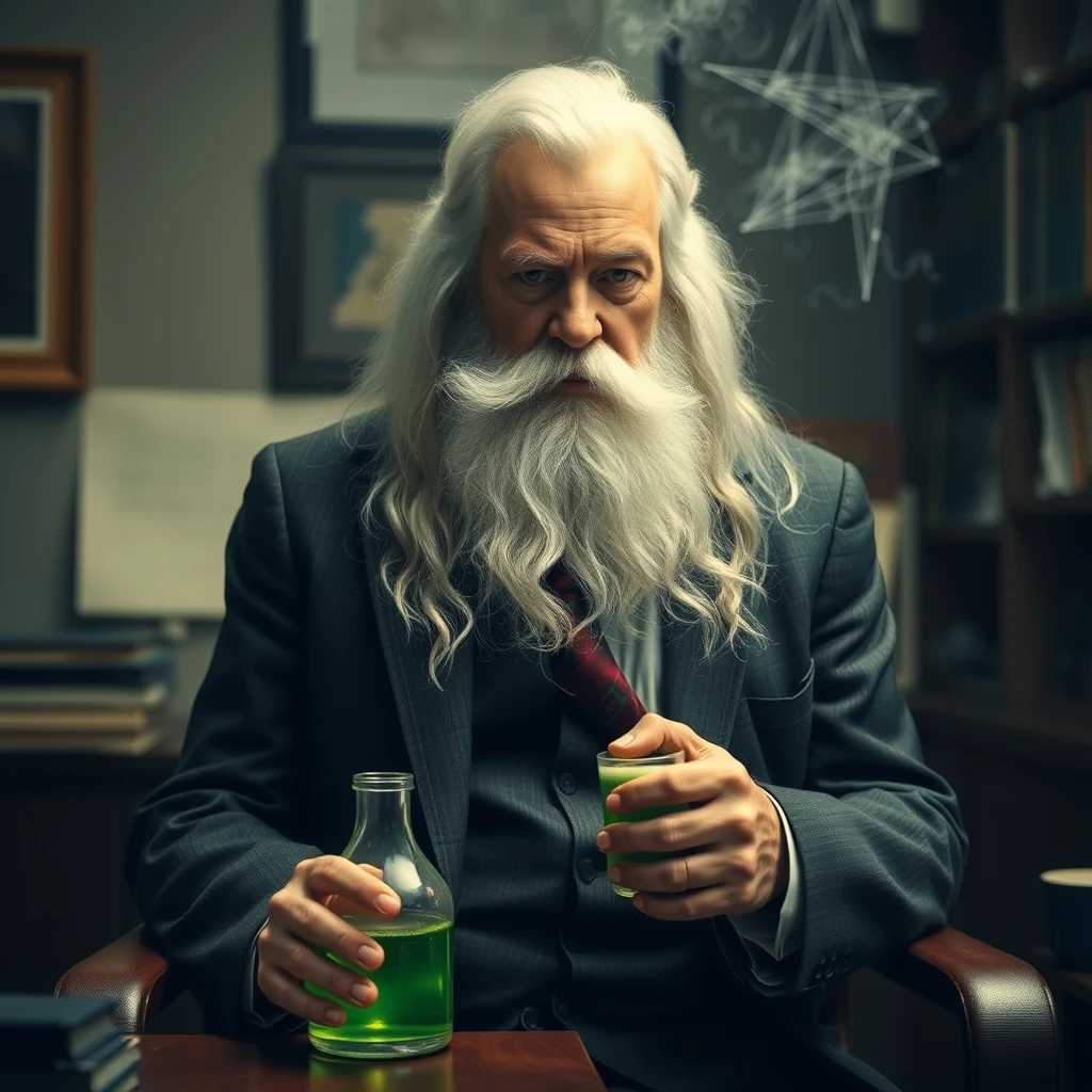 Gandalf in a suit in a modest office brews potion that says FCFA2S. - Image