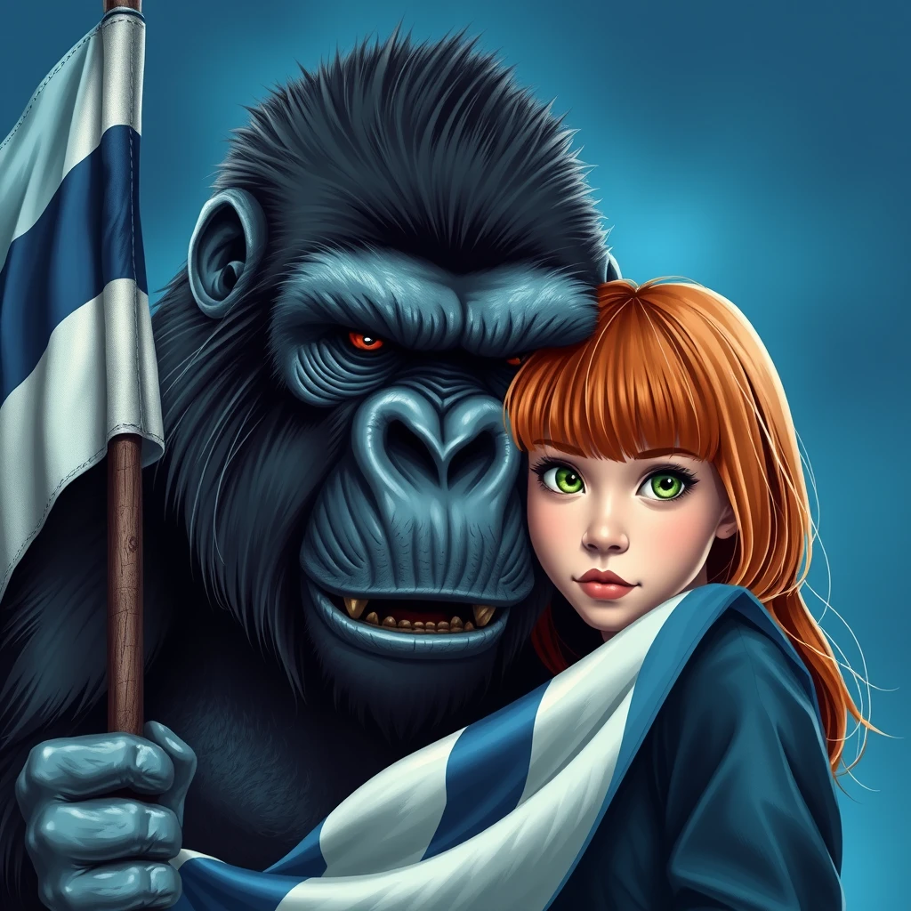 fierce gorilla holding a 3 lines flag light blue white light blue colored next to a cute ginger russian green eyed bangs hair teenage girl