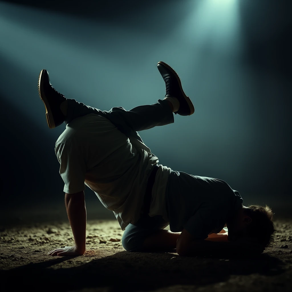 "A man kneeling on the ground, another man casually resting his legs on his back as if using him as a footstool, dramatic lighting, high detail, cinematic composition."