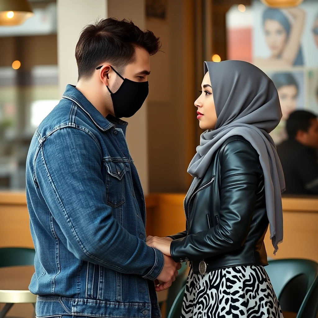 Jamie Dornan's head and body shot, handsome, face mask black, blue jeans jacket, jeans, dating with a grey hijab Muslim girl, beautiful eyes, face mask black, black leather jacket, biggest tiger pattern skirt, at a cafe, looking at each other, photorealistic. - Image