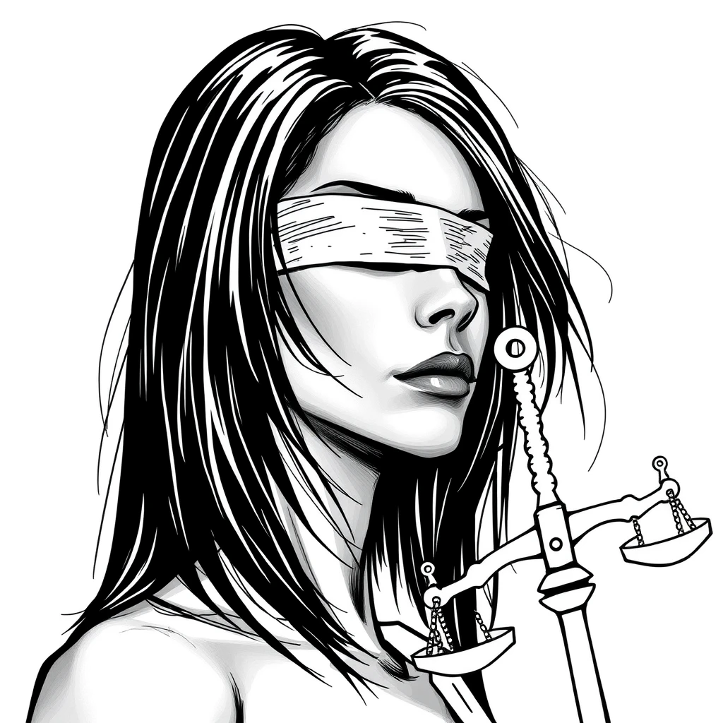 Blind Justice female face, side face, Straight hair, black and white color