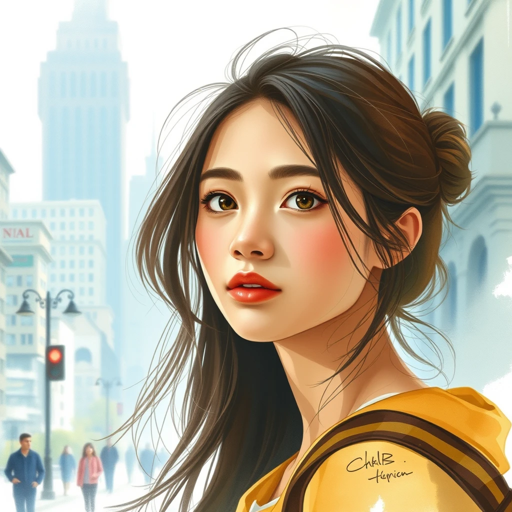 Create a stylized portrait blending realistic details with watercolor and sketch-like elements. The subject is a young woman in an urban setting. Use a soft, pastel color palette with emphasis on light blues and warm yellows. The portrait should be detailed and semi-realistic, while the background cityscape should be rendered in loose, watercolor-style sketches. Combine sharp, focused elements in the foreground with abstract, painterly strokes in the background. Aim for a dreamy, whimsical atmosphere with soft, diffused lighting. The overall aesthetic should balance photorealistic techniques with impressionistic elements, creating a romantic urban scene. Focus on capturing a sense of wonder and contemplation in the composition.
 - Image