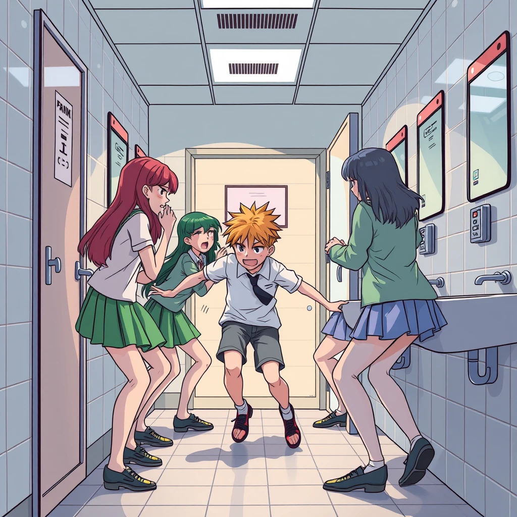 A group of beautiful girls angrily kicking a boy in the girls' bathroom at school, comic.