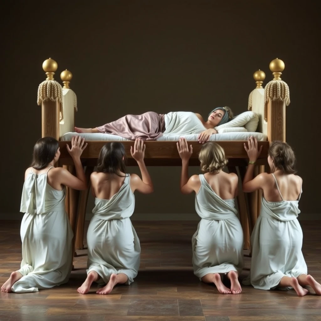 A group of female slaves kneels to support a large bed, on which the queen lies resting.