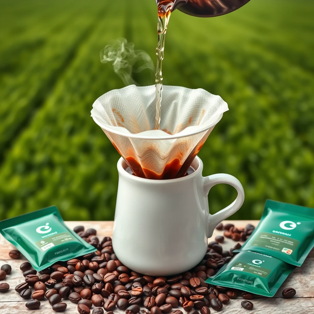 Realistic front-view image of a pour-over coffee in a white cup with a drip filter bag, hot water being poured with steam, coffee beans around, green coffee packets on a table, set against a wide green field background, no text, sharp and highly detailed. - Image