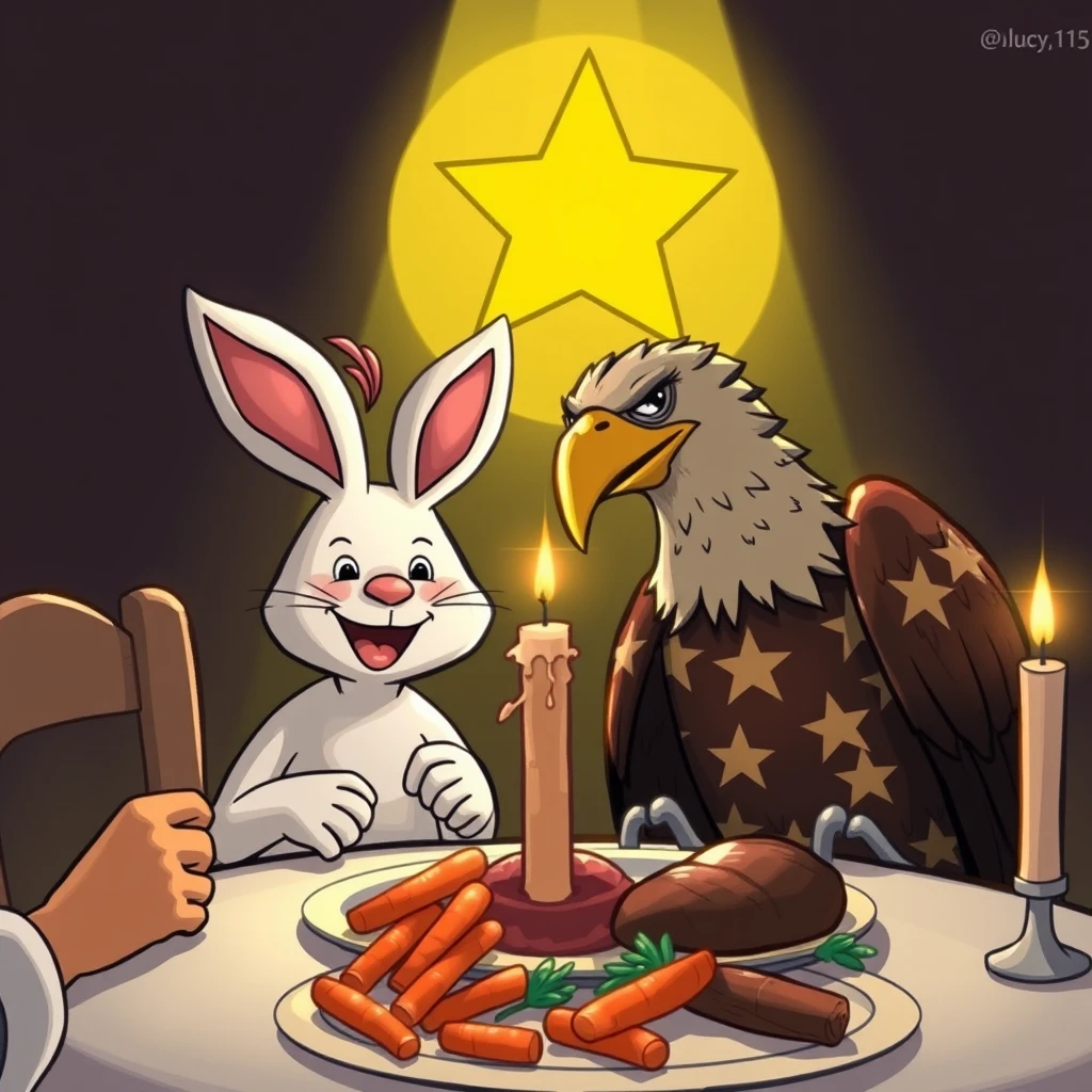 Red hair, yellow five-pointed star, rabbit and star-striped eagle smiling at candlelit table eating carrots and meat, photograph.