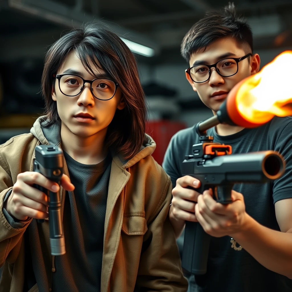 21-year-old thin white northern Chinese man with a square chin, wearing square glasses, mid to long hair, holding a Glock; 21-year-old white Italian man wearing round glasses and short hair holding a very large fire extinguisher flamethrower, in a garage setting.