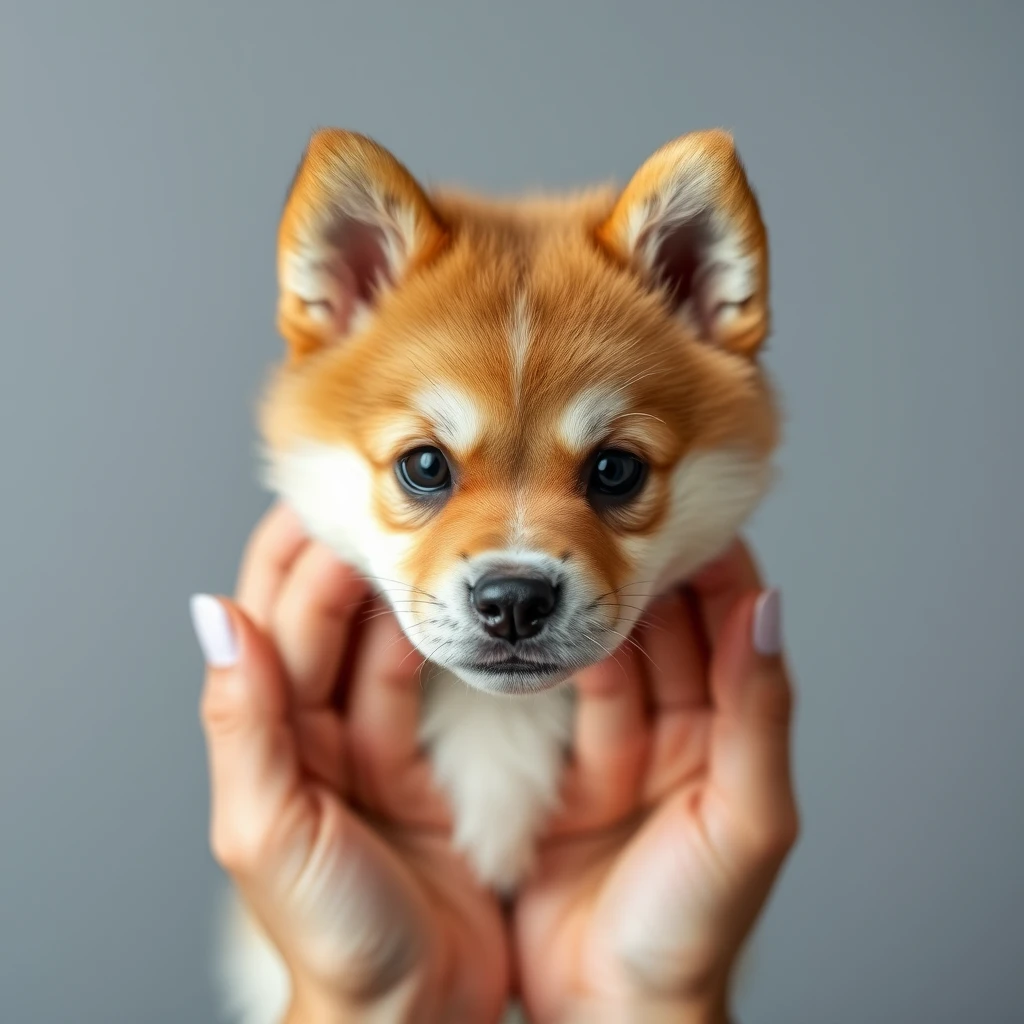 A very very very small cute Akita dog in four hands. - Image