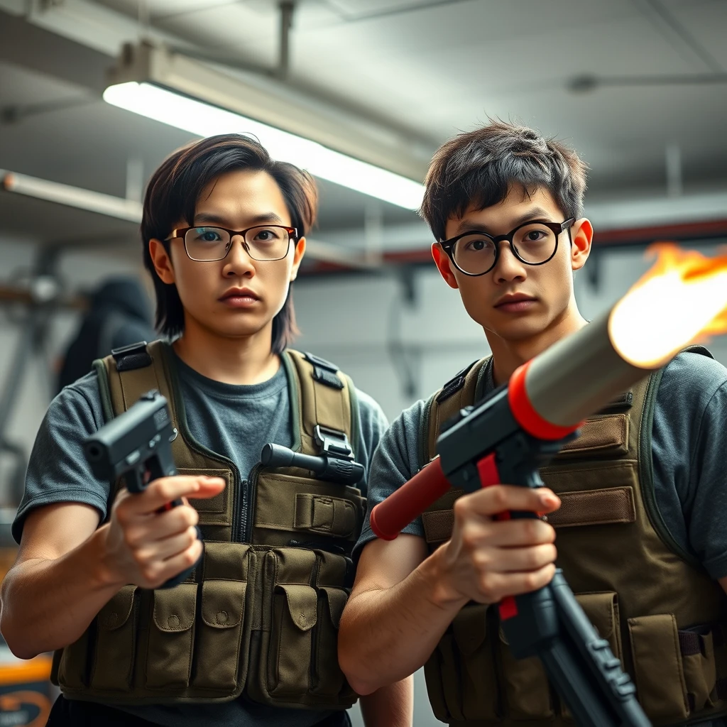 21-year-old white thin long-faced young adult northern Chinese man with a square chin, wearing square glasses, holding a pistol, "medium/long length hair"; 21-year-old Caucasian Italian man wearing round glasses and short hair holding a very large fire extinguisher flamethrower; garage setting; both angry, tactical vests. - Image