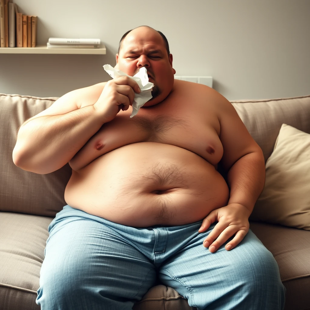 morbidly obese man sneezing, shirtless but wearing pants, sitting on a sofa