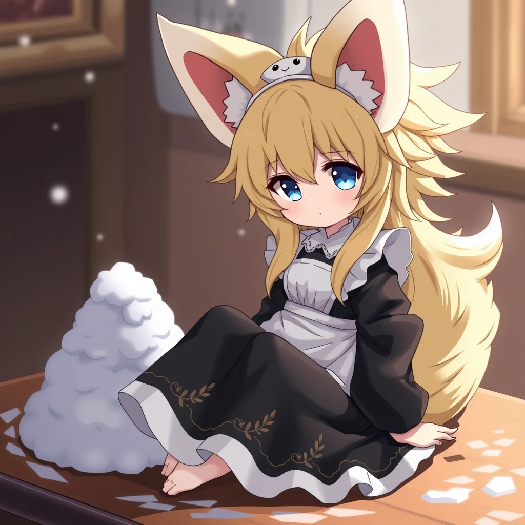 Cute anime girl with massive fluffy fennec ears and a big fluffy tail, blonde messy long hair, blue eyes, wearing a maid outfit with a long black dress with a gold leaf pattern and a white apron, sitting on a table. On the table is a mountain of snow. - Image