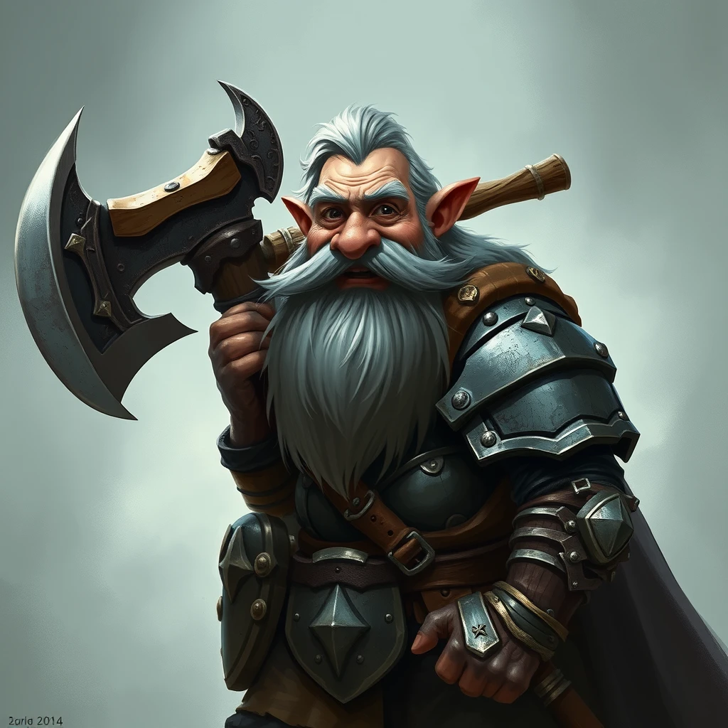 Fantasy. An old Dwarf with a graying beard. A happy expression on his face. Wearing armor that a castle guard would wear. Carrying a battle axe. Standing ready to fight.