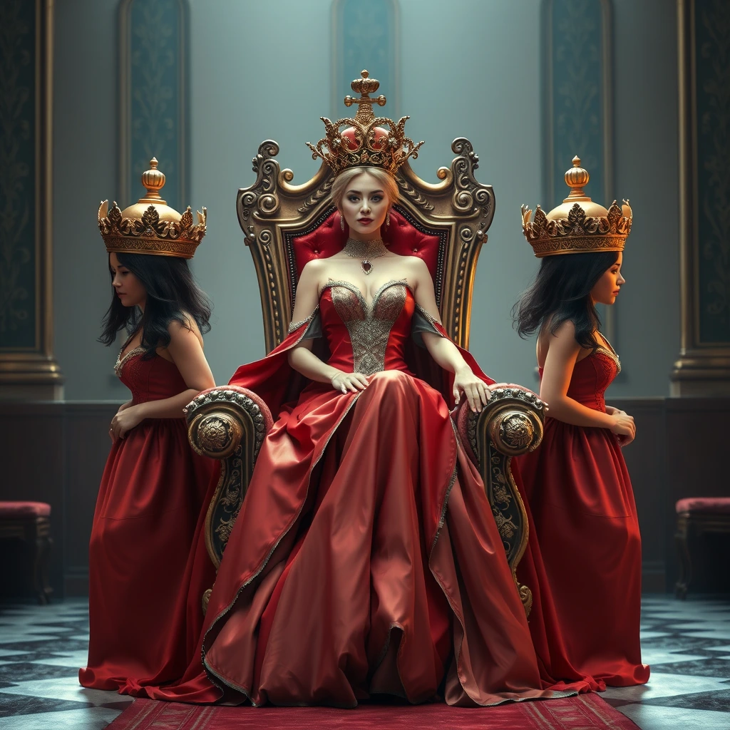 The voluptuous and sexy beautiful queen sits on a luxurious and exquisite throne, which is carried forward by four maidservants.