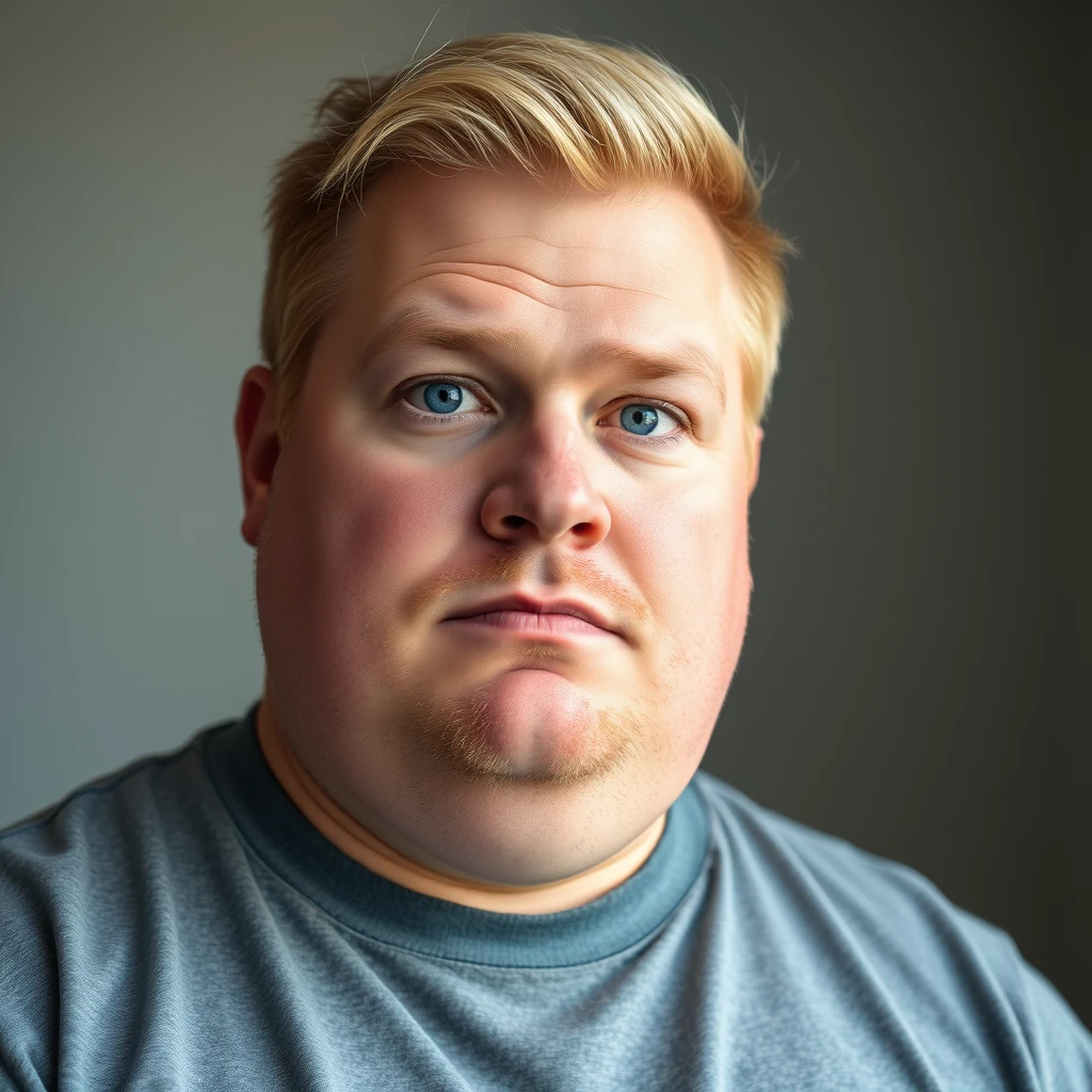 Portrait of a handsome fat Caucasian guy with blonde hair and blue eyes.