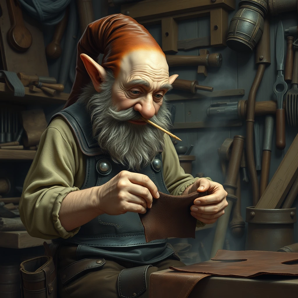 A dwarf with leather overalls sowing two dark brown pieces of leather together in a dingy shop filled with tools while chewing on a toothpick.