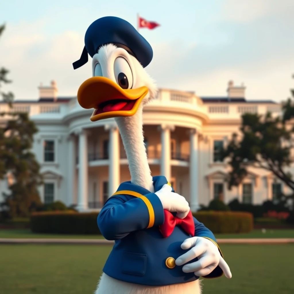 Photorealistic: Donald Duck in front of the White House.