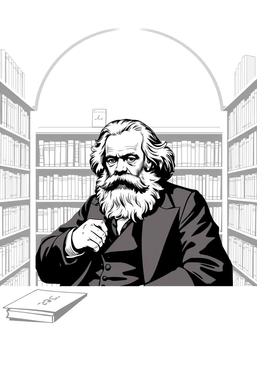 Karl Marx in a library