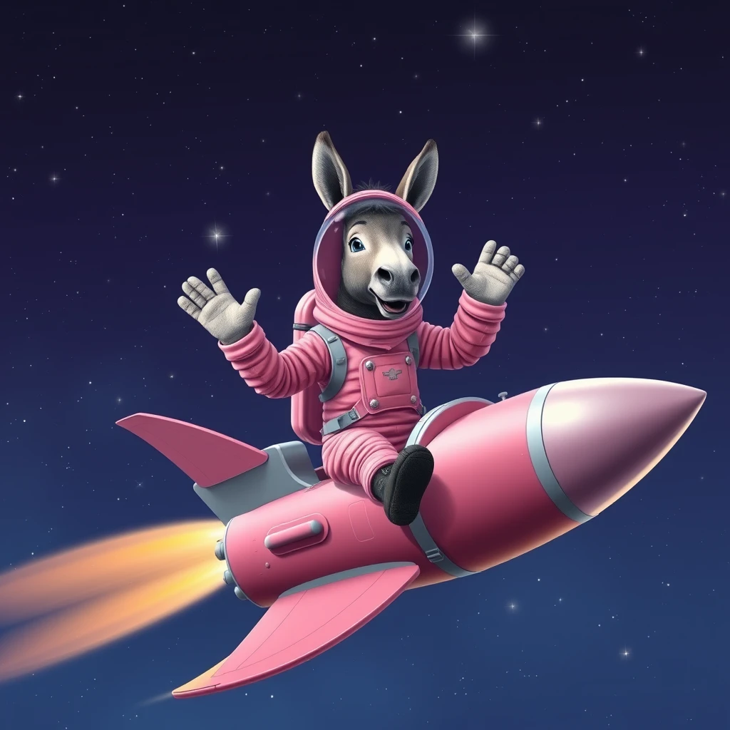 An ambitious donkey wearing pink astronaut costume, riding on a stunning spaceship, waving his hands, flying to the outerspace under a clear night sky with lots of shining stars. Realistic style.