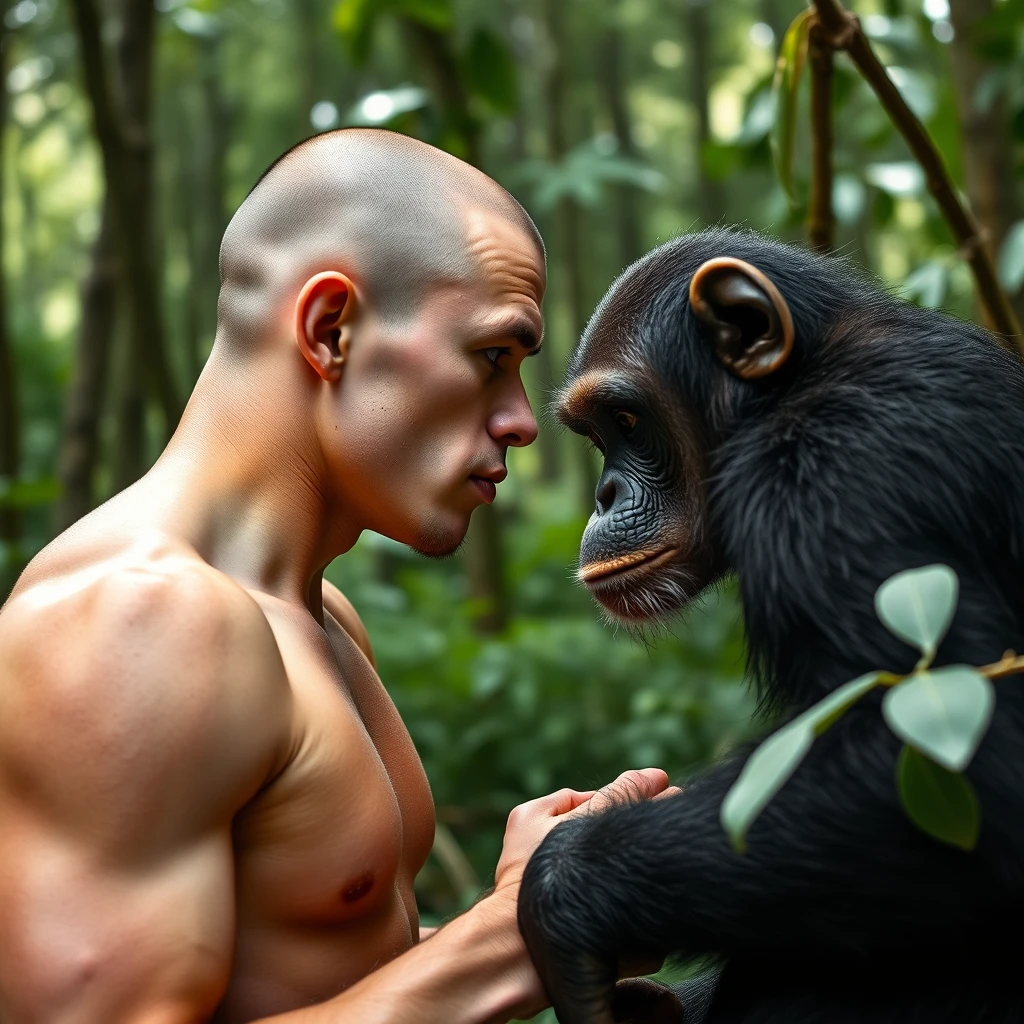 A boxer with shaved hair, 21 years old, Caucasian appearance, 5'9" tall and weighing 120 pounds facing a chimpanzee in the forest.