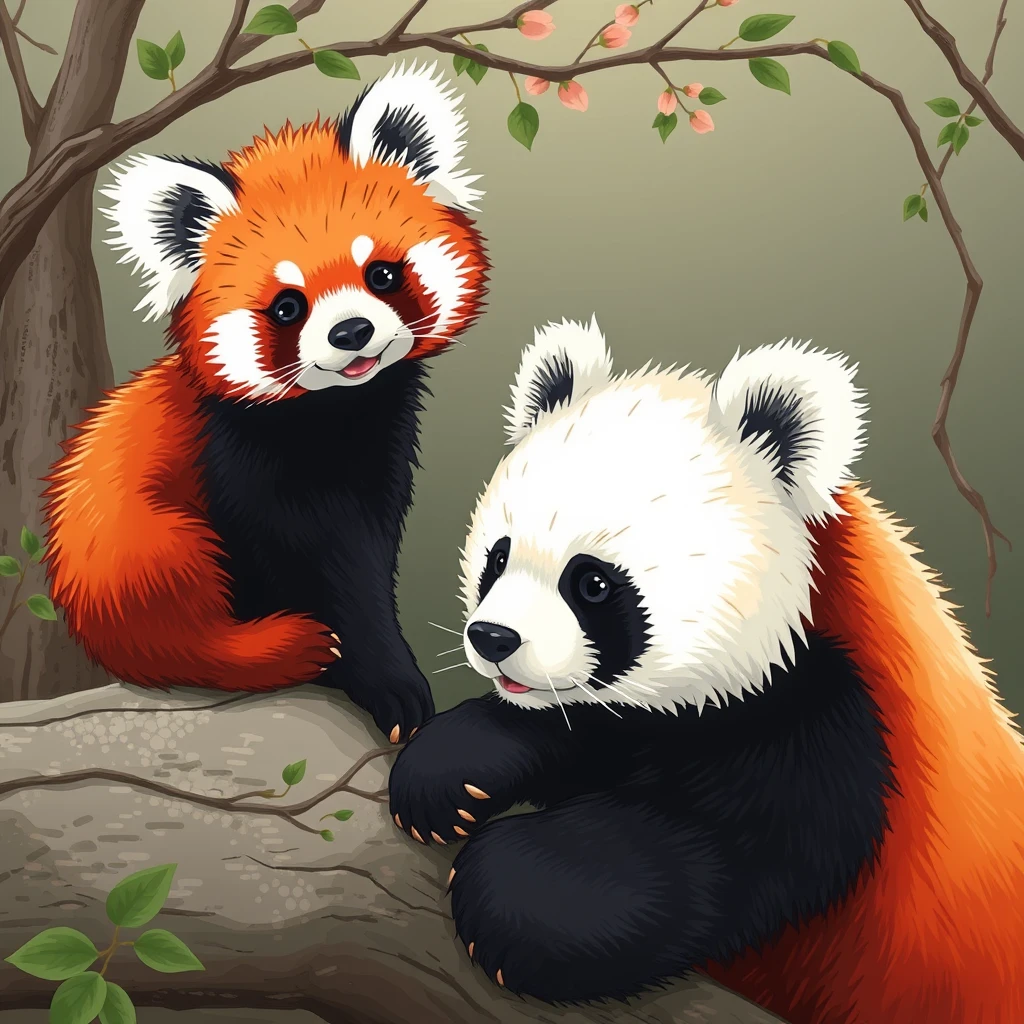 A lovely red panda and a cute giant panda. - Image