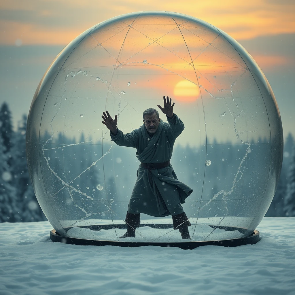 **Theme and Atmosphere**:  
"Despairing Realm: A frail-looking man dressed in thin clothing stands within a massive transparent glass dome, desperately pounding on the glass, but to no avail. Snow falls both inside and outside, creating a lonely and profound world."  
  
**Background Setting**:  
- "The backdrop is filled with swirling snowflakes and the blurred outline of a forest, with the setting sun painting the sky a bloody hue."  
- "In the distance, the outlines of trees can be faintly seen in a misty snowy forest, adding depth to the scene."  
  
**Glass Dome and Snow Scene**:  
- "The glass dome is rendered with a transparent texture, filled with pure white snowflakes, rich in detail and with clear layers, echoing the external snowfall."  
- "The edges of the dome can be suitably blurred to enhance the transparency of the glass and the depth of the space."  
  
**Character Depiction**:  
- "The man is dressed in thin clothing, his face haggard, with deep-set eyes, pounding fiercely on the glass dome while gazing into the distant hazy sun. His struggle and resistance should be evident, yet there is a palpable sense of powerlessness."  
  
**Emotions and Symbolism**:  
- "The entire image aims to convey a sense of helplessness and lonely desolation."  
- "Through the metaphor of the glass dome, the exploration of the separation and connection between the individual and the outside world, as well as the insignificance and helplessness of humanity in the face of life, can be discussed."  
  
**Details and Decorations**:  
- "Pay attention to the handling of light and shadow, using the light reflected by the snowflakes to enhance the brightness and layering of the image."  
- "Without affecting the overall atmosphere, small decorative elements such as falling snowflakes and grass trembling in the cold wind may be added."  
  
**Style and Technique**:  
- "Ink wash painting style." - Image