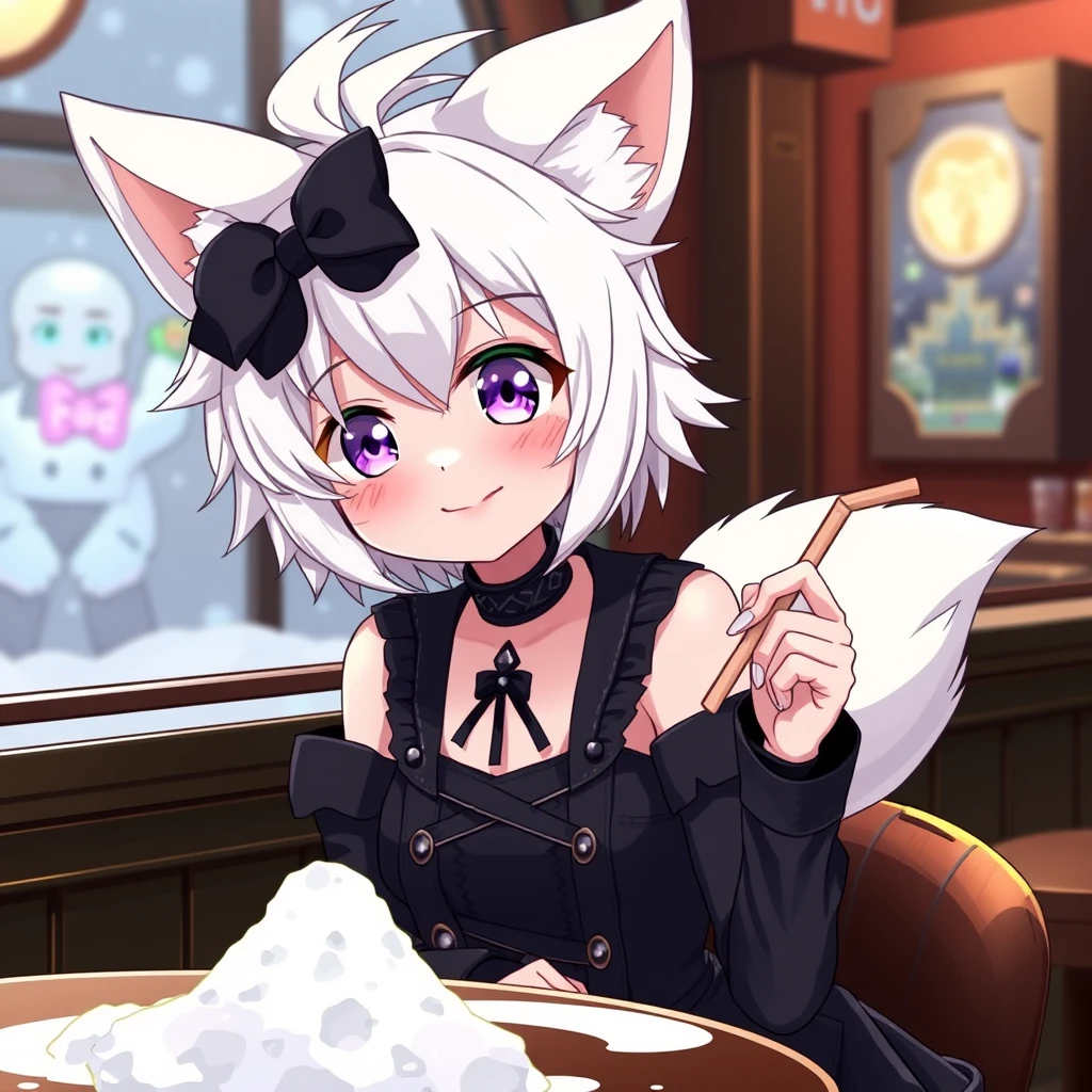 Cute anime girl with fluffy fennec ears and a fluffy tail, white messy short hair, purple eyes, wearing a goth outfit, sitting at the table in a bar. On the table is a small mountain of snow. The girl looks with a big smile at the snow and has a straw without a kink in her right hand.