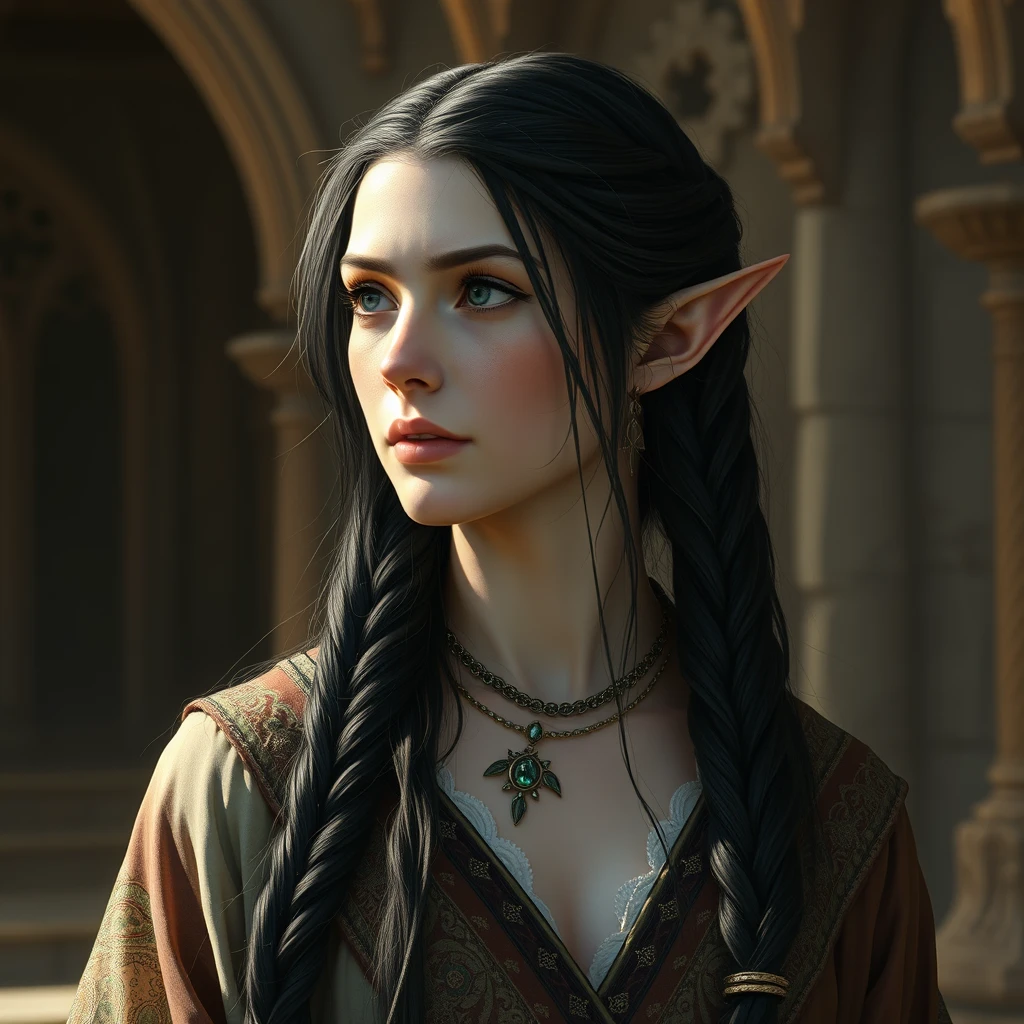 Portrait of an elven woman. She has very long partially braided black hair, pale skin, elaborate clothes, jewellery, and is looking to the left. Dramatic lighting. Elfin architecture in the background.