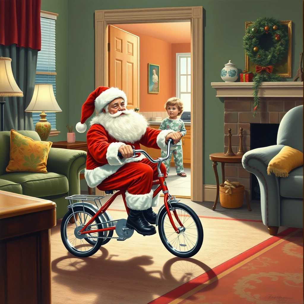 Santa is riding a tricycle around the living room while a child in pajamas watches from a doorway, as painted by Arthur Sarnoff in 1952. - Image