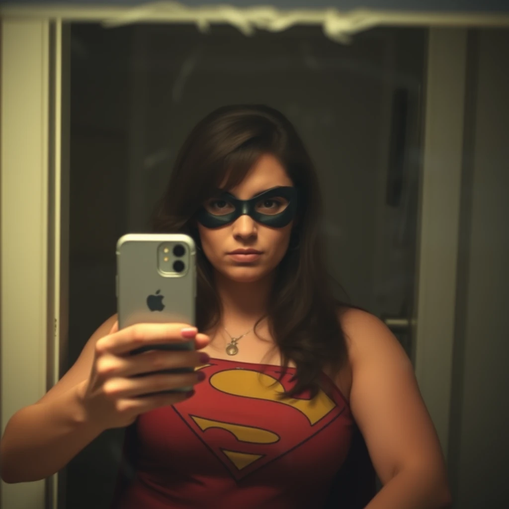 Phone photo: A woman superhero stands in front of a mirror capturing a selfie. The image quality is grainy, with a slight blur softening the details. The lighting is dim, casting shadows that obscure her features. Her expression is casual while the old iPhone struggles to focus, giving the photo an authentic, unpolished feel. The mirror shows smudges and fingerprints, adding to the raw, everyday atmosphere of the scene. - Image