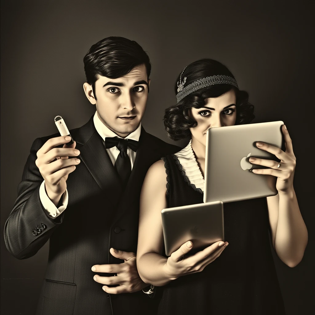 A poster in the style of a silent, black-and-white film showcases a couple from the 1920s, engaging in dramatic poses characteristic of that period. They are dressed in vintage 1920s attire and makeup. Both individuals are fascinated by contemporary media devices; the man is holding a thumb drive, looking amazed, while the woman is entranced by the display on her MacBook Pro.