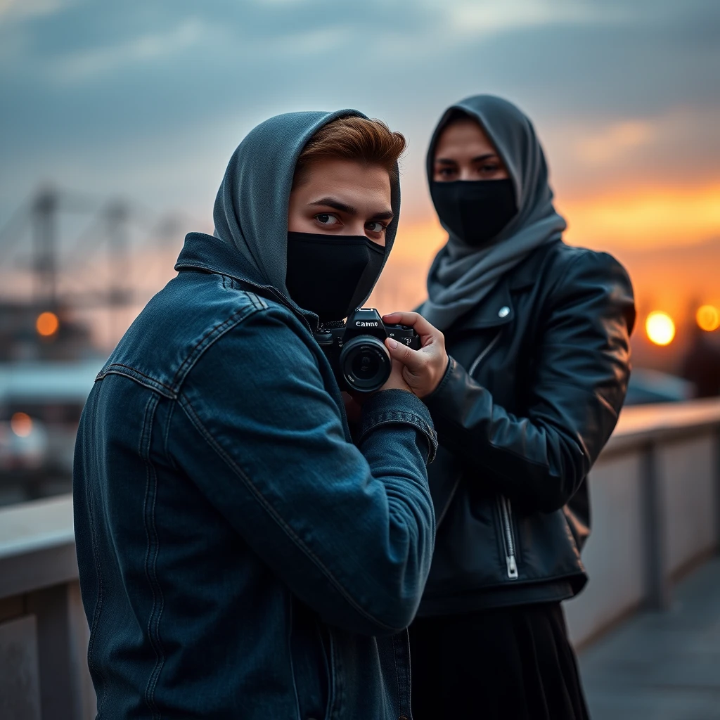 Jamie Dornan's head and body shot, handsome, black face mask, jeans jacket, jeans, dating, love couple, with the biggest grey hijab Muslim girl, black face mask, beautiful eyes, black leather jacket, largest skirt, taking a picture, camera DSLR Canon, sunset, hyper-realistic, street photography.