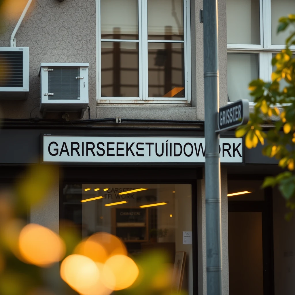 An architect's office at a shop unit with the street signage reading "GARISREKA STUDIOWORK", bokeh, golden hour, outdoor.