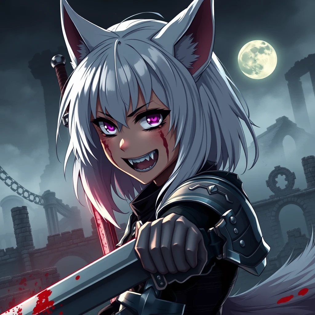 Anime girl with fangs and medium white hair, wolf ears, and a tail, with purple eyes and an evil grin, blood on her face, holding a sword in her right hand. The sword is covered in blood. The girl is wearing armor. Old ruins can be seen in the background; it is dark and foggy, and a full moon is in the sky. Dramatic, dynamic, cinematic. - Image